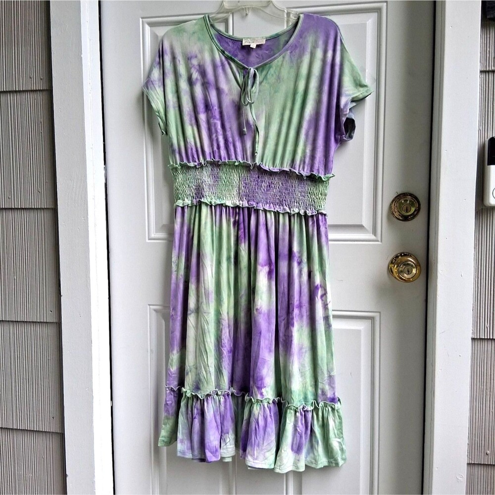 256 large dress by perfect peach smocked waist tie-neck tie dye purple & green